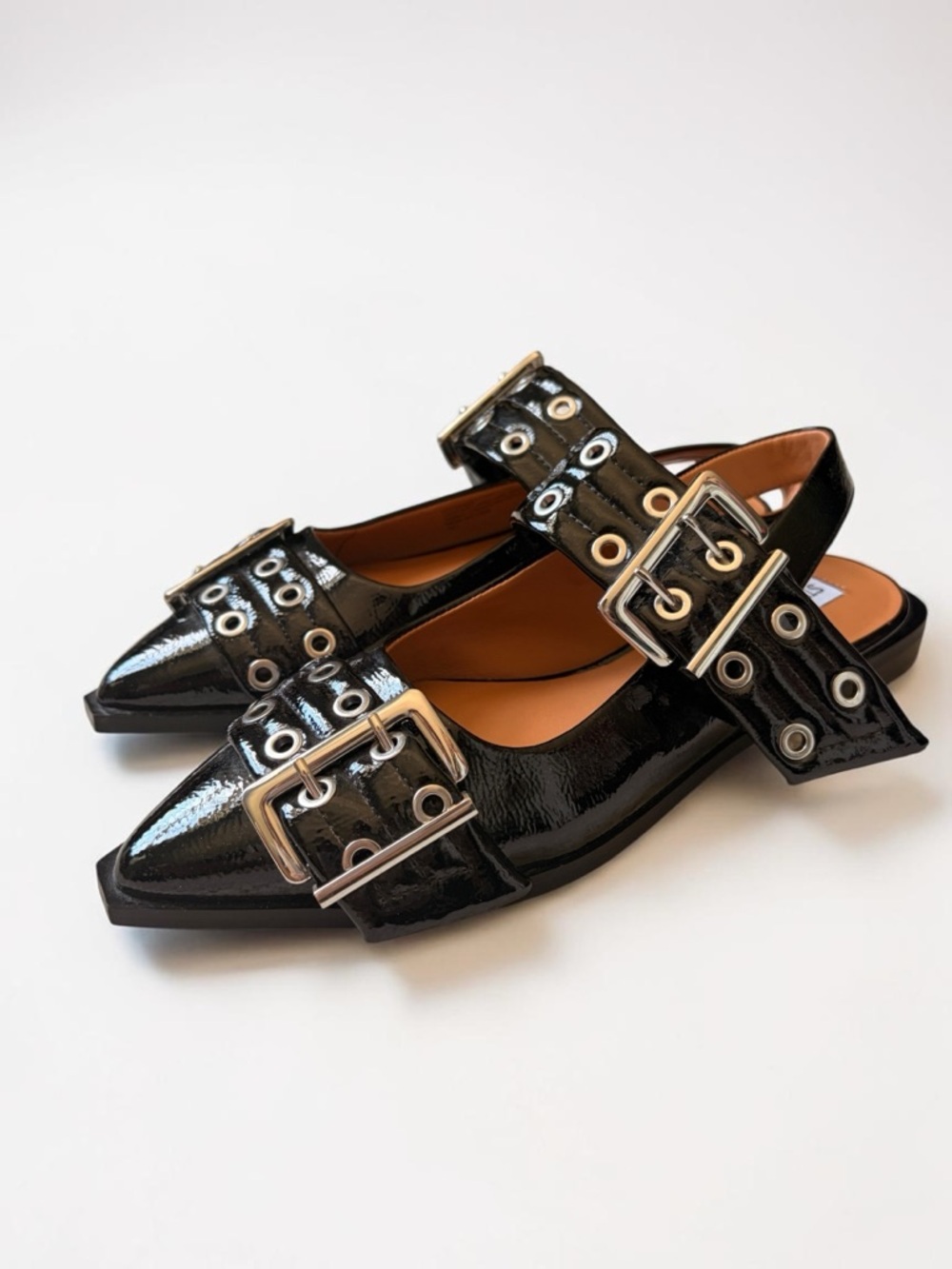 Steve Madden GRAYA Black Patent Pointed Slingback Shoes Grommets Buckles 9